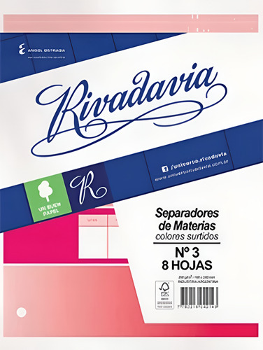 SEPARADOR DE MATERIA ESCOLAR COLORES 8 HOJAS RIVADAVIA