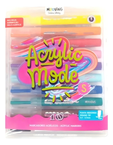 MARCADORES MOOVING ACRYLIC MODE X 10 COLORES PUNTA REDONDA