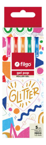 ESTUCHE X5 COLORES ROLLER FILGO GEL POP GLITTER TRAZO 1MM