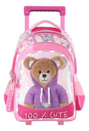 MOCHILA CARRO 18 PULGADAS TEDDY ROSA LUZ LED FOOTY