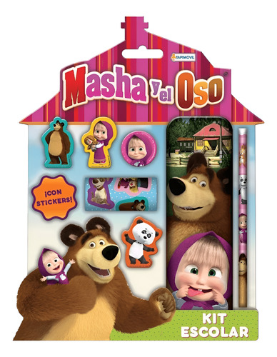 KIT ESCOLAR CON STICKERS 7 PIEZAS MASHA Y EL OSO