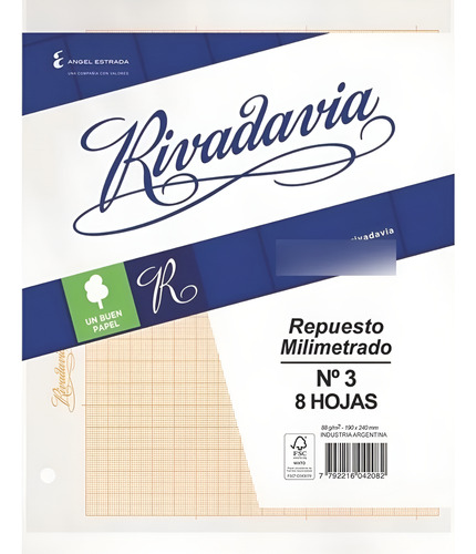 REPUESTO NUMERO 3 HOJA MILIMETRADO X8 HOJAS RIVADAVIA