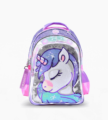 MOCHILA ESPALDA 18 SHINY UNICORN LENTEJUELAS LUZ LED FOOTY