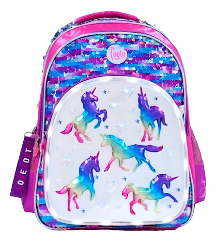 MOCHILA ESPALDA 18 UNICORNS LENTEJUELAS REVERSIBLES LUZ LED