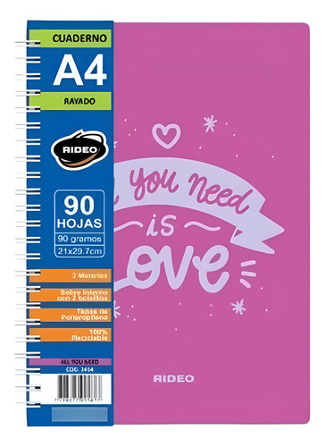 CUADERNO A4 RIDEO ESPIRAL 90 HOJAS 90 GR RAYADO ALL YOU NEED