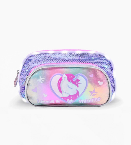 CARTUCHERA DOBLE CIERRE SHINY UNICORN LENTEJUELAS LUCES LED