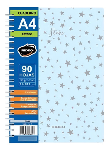CUADERNO A4 RIDEO ESPIRAL 90 HOJAS 90 GRAMOS RAYADO STARS