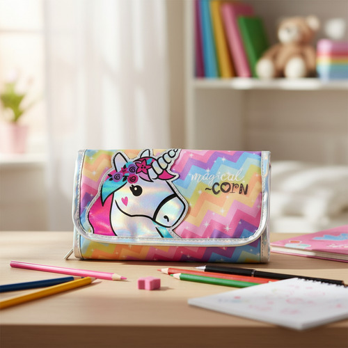 Cartuchera Unicornio Holografica Desplegable