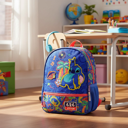 Mochila Escolar Espalda 12 Stitch Disco Wabro Azul Geométrico