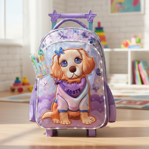 Mochila Escolar Carrito 18 Doggie Love Led Labrador Footy Violeta