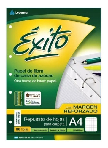 Repuesto Éxito A4 X 96 Hojas Cuadriculado Margen Reforzado