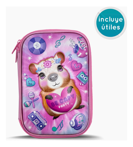 Kit Cartuchera Footy Capibara Termoformada Rígida + Útiles Rosa Lisa