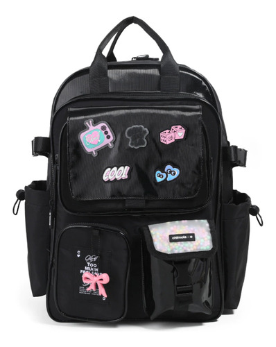 Mochila Escolar Espalda 17 Parches Negro Chimola Tr2224 Negro Liso