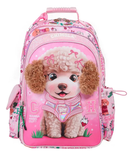 Mochila Escolar Espalda 18 Poodle Chimola Rosa Floreado