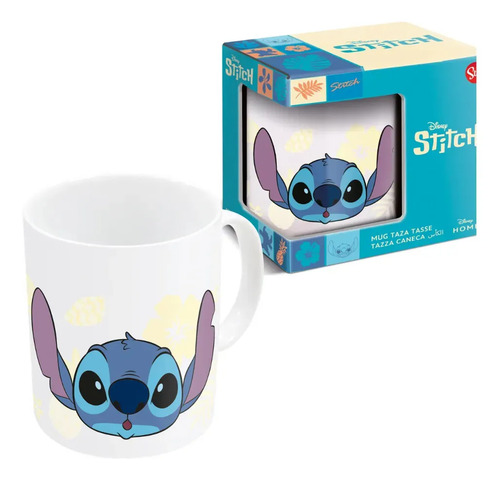 Taza Cerámica Desayuno 400 Ml Stitch Palms En Caja De Regalo Blanco