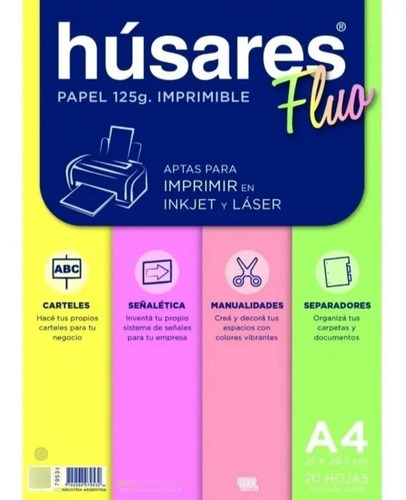 Papel Húsares A4 Fluo 125g 20 Hojas Impresión Amarillo, Naranja, Rosa Y Verde Fluo