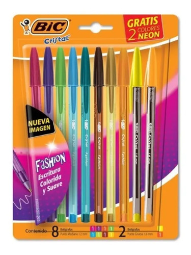 Boligrafo Bic Birome Cristal Fashion Punta Gruesa X8 +2 Neon Surtido