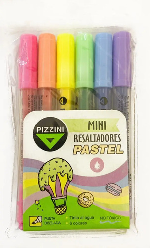 Mini Resaltadores Pastel Pizzini 6 Unid Punta Biselada