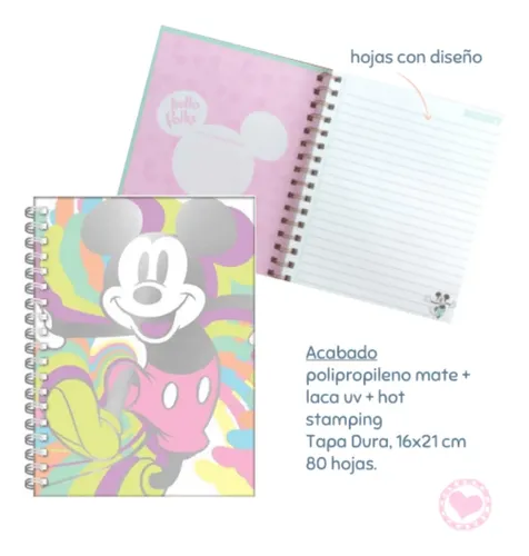 Cuaderno Mooving 16x21 Espiral Tapa Dura 80 Hjs Mickey Mouse Blanco