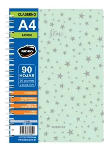 Cuaderno A4 Rideo Espiral 90 Hojas 90 Gramos Rayado Stars Verde Claro
