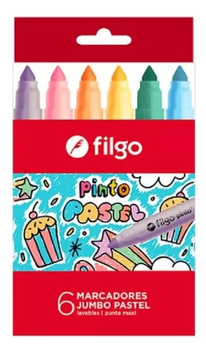 Marcadores Lavables Filgo Jumbo Pastel X6 Tinta Agua Papel