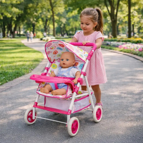 Carro De Paseo Juliana Cochecito Para Muñecas Plegable Rosa Rosa