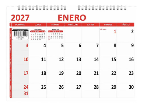 Calendario Planificador 2027 A4 Apaisado 29,7x21 Rome Rojo Apaisado A4
